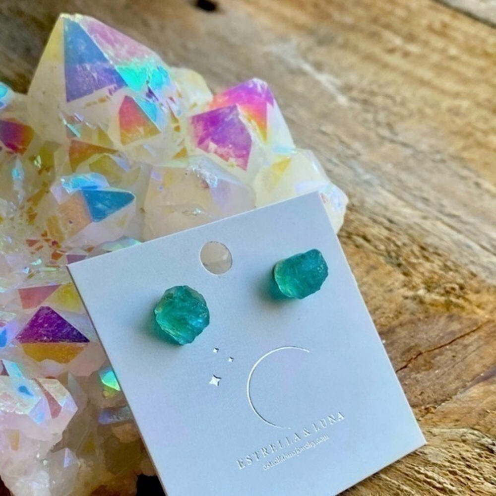 March* Raw Aquamarine Crystal Stud Earrings NEW
